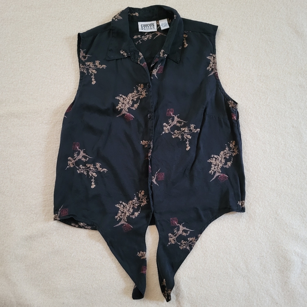 Vintage Silk Blouse Chico's Design Women's Size 0 Sleevless Collar Tie Front